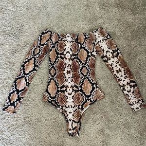 PLT Snakeskin Print Off Shoulder Bodysuit
